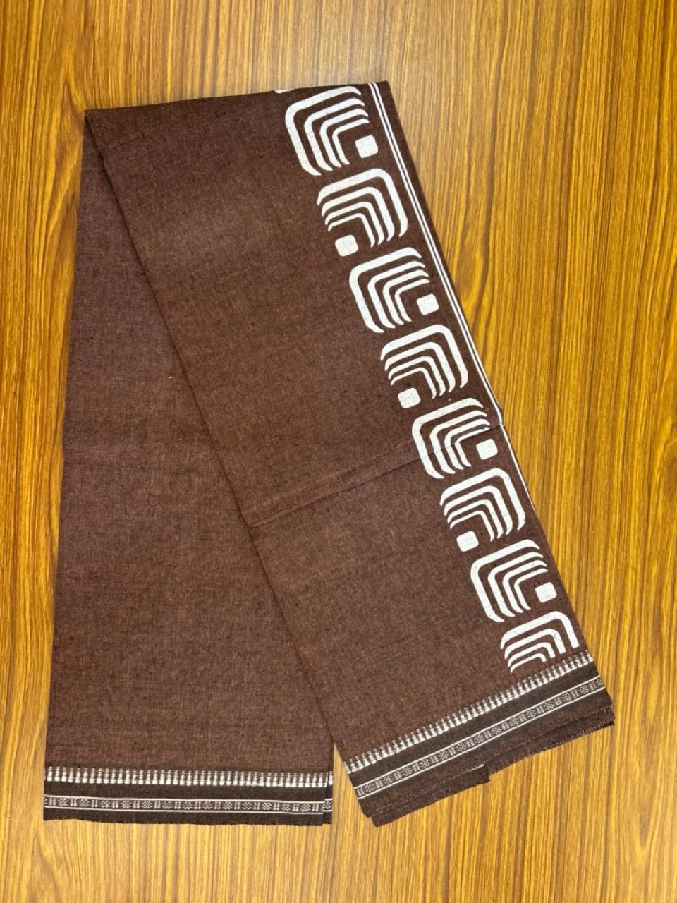 Kaitharikada - Polyster + Cotton - 20s twisted - Single Kaily / Lungi - 2.5 inch White Printed Kuppadam Border with Brown colour body (2 meter / 4 muzham) -  73 KK8035 GAN