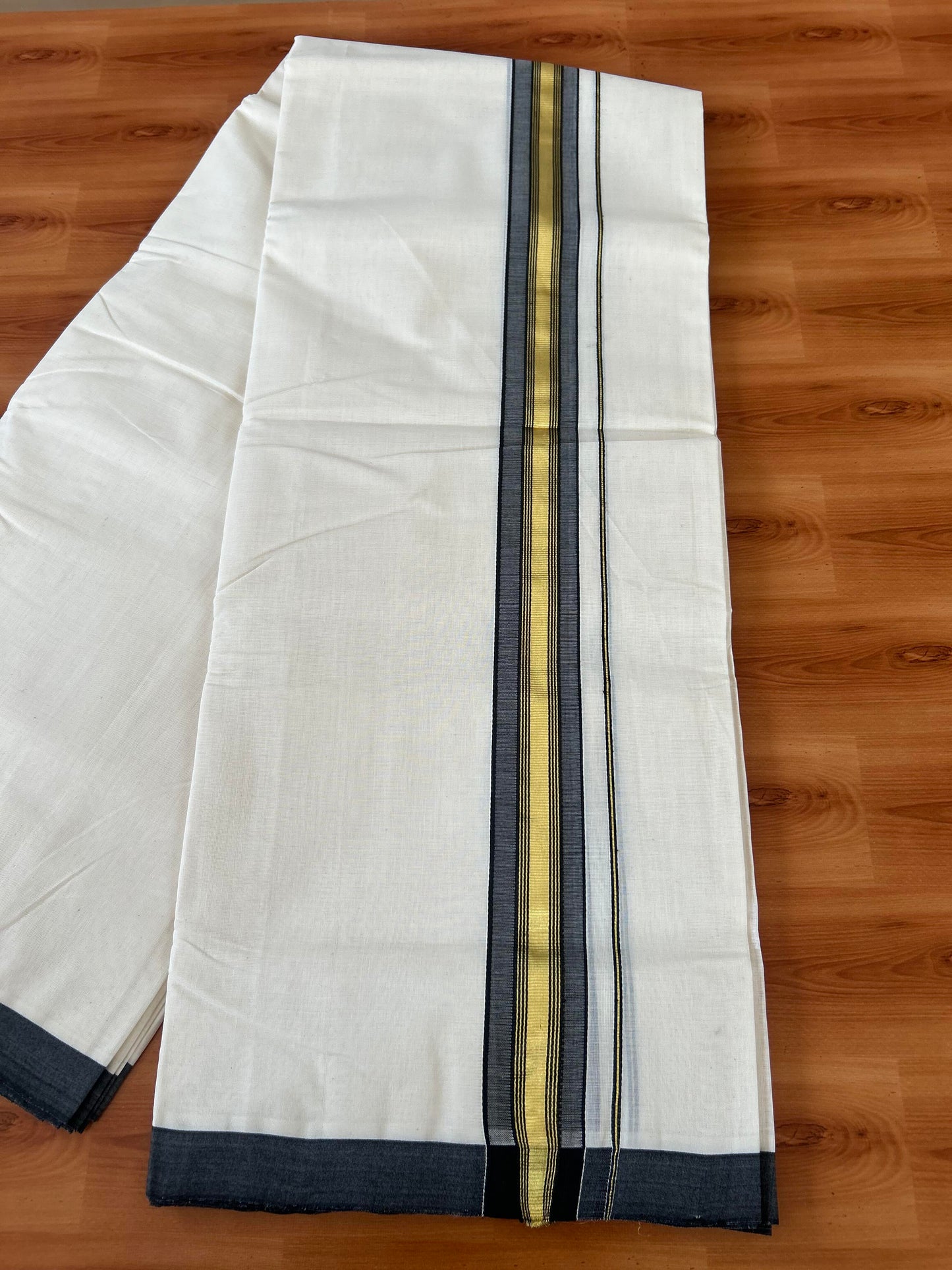 25% Discount! KaithariKada Handloom Millpaav - Kerala Handloom - Cotton Double Mundu/Dhoti Off white (Unbleached) - 80x90 - 1.75 inch Gold Kasav Black Stripes Kara 4.00 meter (8.5 Muzham) - 18 KK5386 RAM