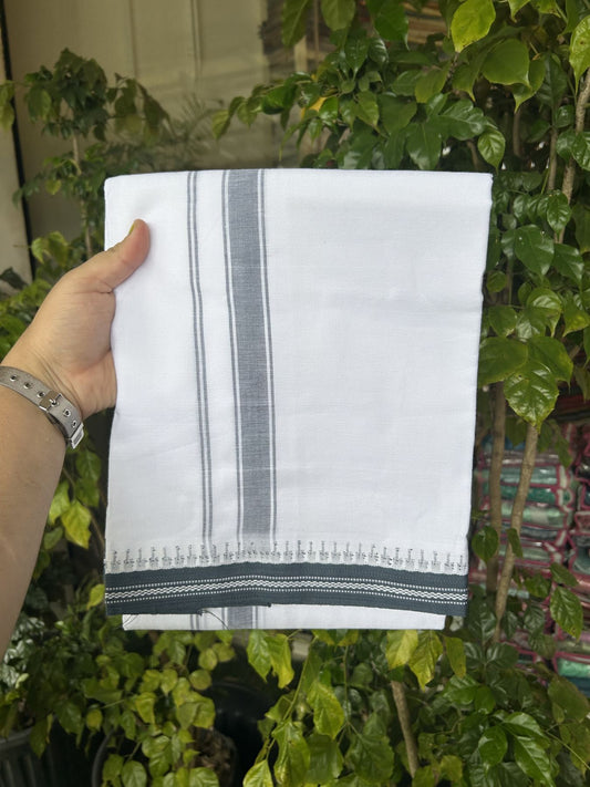 Premium Kathar Type Mercerised Pure Cotton Single Mundu Kaitharikada Special - Kaily / Lungi - 60s - 1 inch Ash Blue Striped kara White Body Kuppadam Border (2 meter / 4 muzham) - 9 KK5316 MR