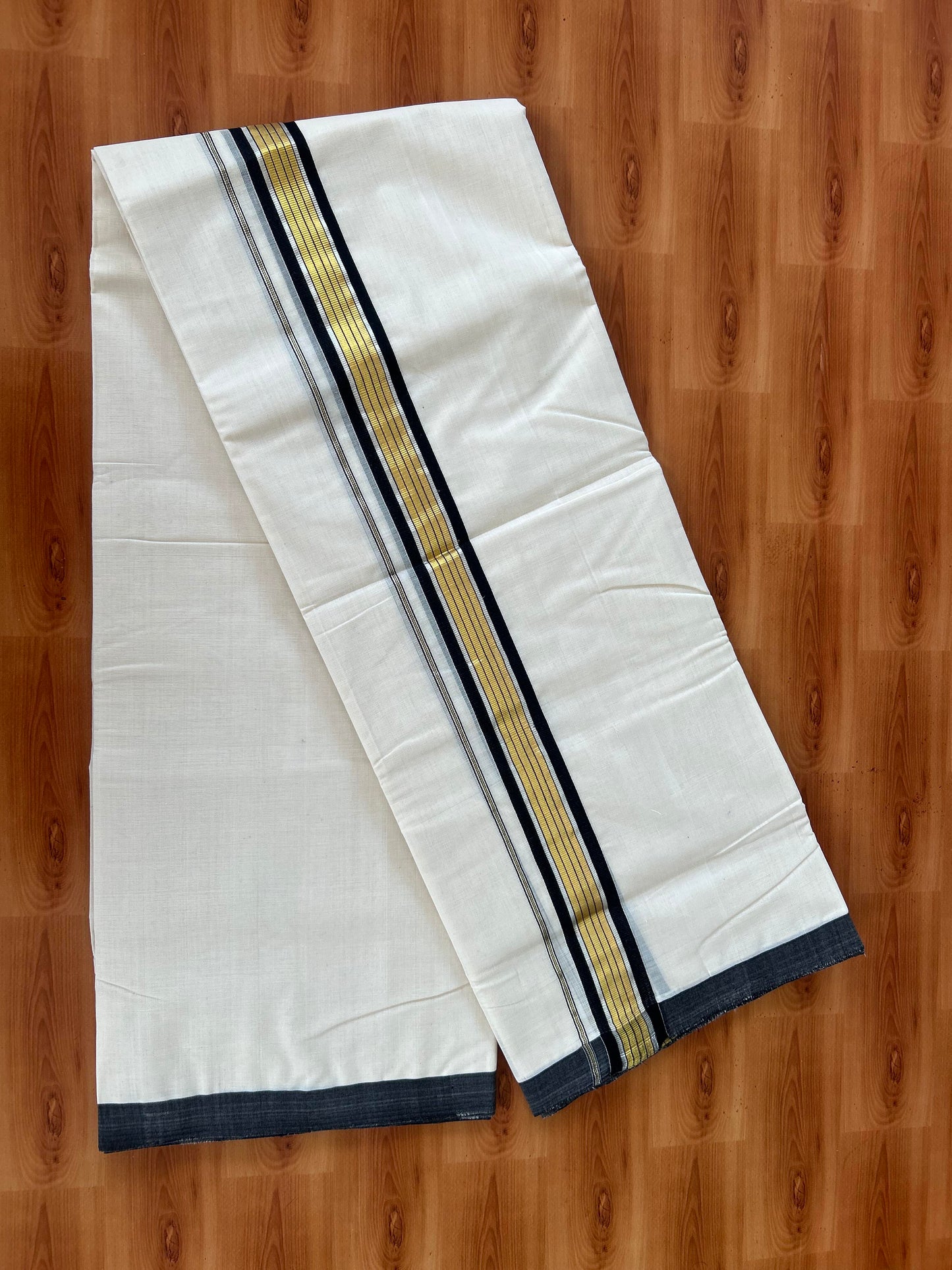 25% Discount! KaithariKada Handloom Millpaav - Kerala Handloom - Cotton Double Mundu/Dhoti Off white (Unbleached) - 80x90 - 1.75 inch Gold & Silver Kasav Black Stripes Kara 4.00 meter (8.5 Muzham) - 10 KK5386 RAM