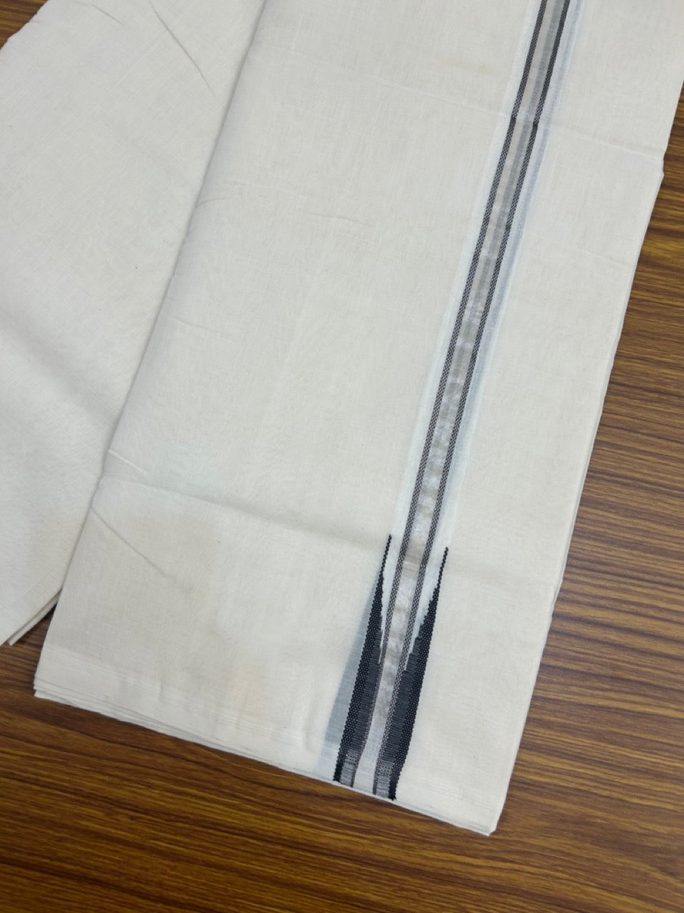 25% Discount ! KaithariKada Handloom Millpaav Balaramapuram - 100% Pure Cotton Off White Double - (Unbleached) Mundu/Dothi - 80X90 - 1 inch Puliyilakkara Silver Kasav & Black chutty Kara 4 mtr (8.5 Muzham) - 134 KK5236 RAM