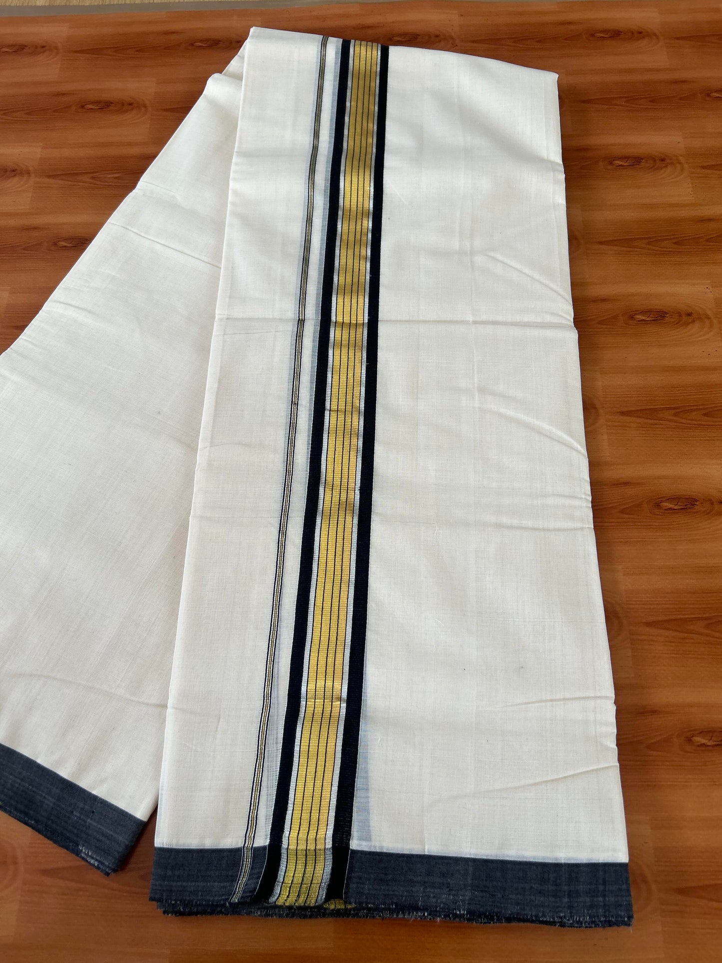 25% Discount! KaithariKada Handloom Millpaav - Kerala Handloom - Cotton Double Mundu/Dhoti Off white (Unbleached) - 80x90 - 1.75 inch Gold & Silver Kasav Black Stripes Kara 4.00 meter (8.5 Muzham) - 10 KK5386 RAM