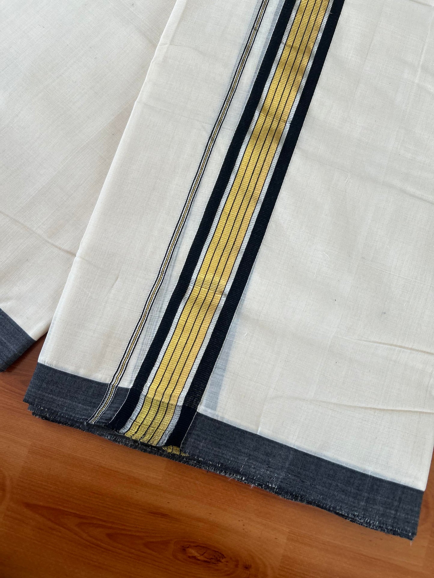 25% Discount! KaithariKada Handloom Millpaav - Kerala Handloom - Cotton Double Mundu/Dhoti Off white (Unbleached) - 80x90 - 1.75 inch Gold & Silver Kasav Black Stripes Kara 4.00 meter (8.5 Muzham) - 10 KK5386 RAM