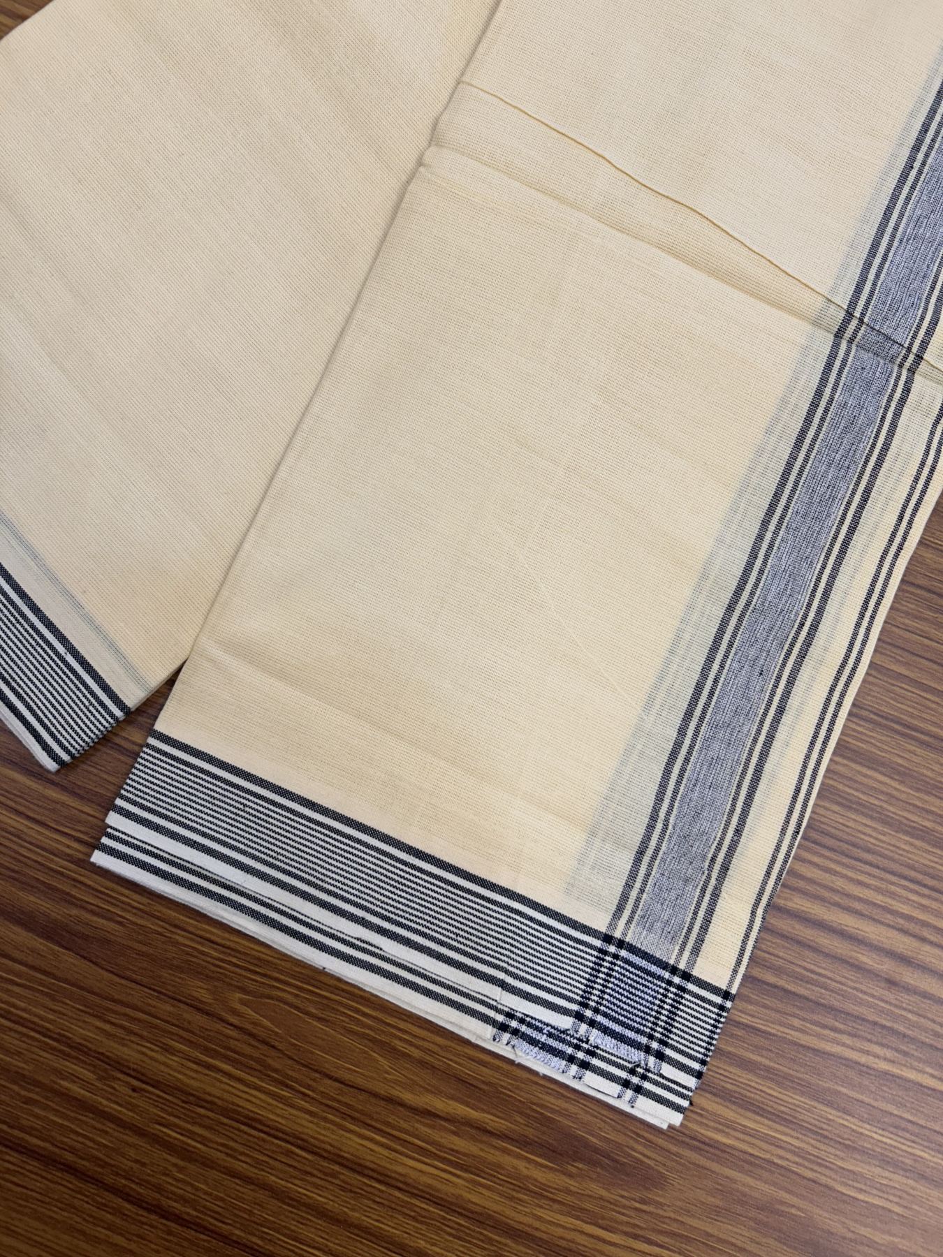 Kaitharikada Special - Pure Cotton - Single Mundu - Kaily / Lungi - 60s - 1.25 inch Black shaded striped kara with Light Yellow colour Body 1.90 mtr (4 muzham) - 13 KK5317 KUT