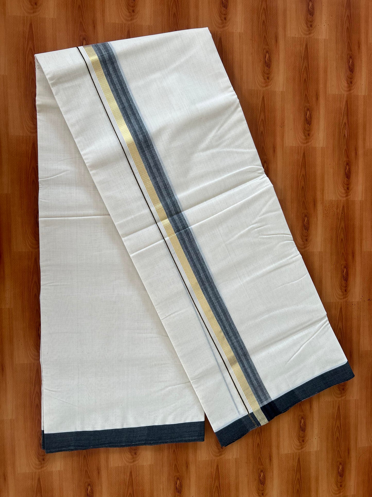 25% Discount! KaithariKada Handloom Millpaav - Kerala Handloom - Cotton Double Mundu/Dhoti Off white (Unbleached) - 80x90 - 1.5 inch Gold Kasav Black Shaded Stripes Kara 4.00 meter (8.5 Muzham) - 20 KK5386 RAM
