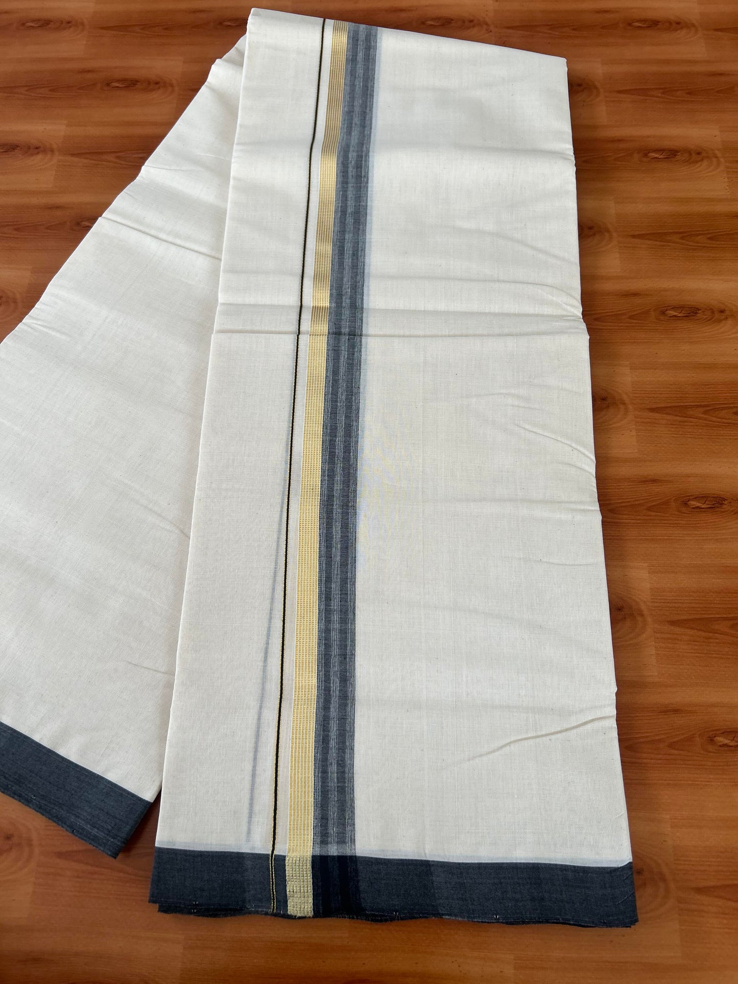 25% Discount! KaithariKada Handloom Millpaav - Kerala Handloom - Cotton Double Mundu/Dhoti Off white (Unbleached) - 80x90 - 1.5 inch Gold Kasav Black Shaded Stripes Kara 4.00 meter (8.5 Muzham) - 20 KK5386 RAM