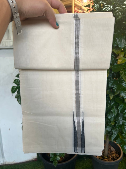 25% Discount ! KaithariKada Handloom Millpaav Balaramapuram - 100% Pure Cotton Off White Double - (Unbleached) Mundu/Dothi - 80X90 - 1 inch Puliyilakkara Silver Kasav & Black Stripes chutty Kara 4 mtr (8.5 Muzham) - 137 KK5236 RAM