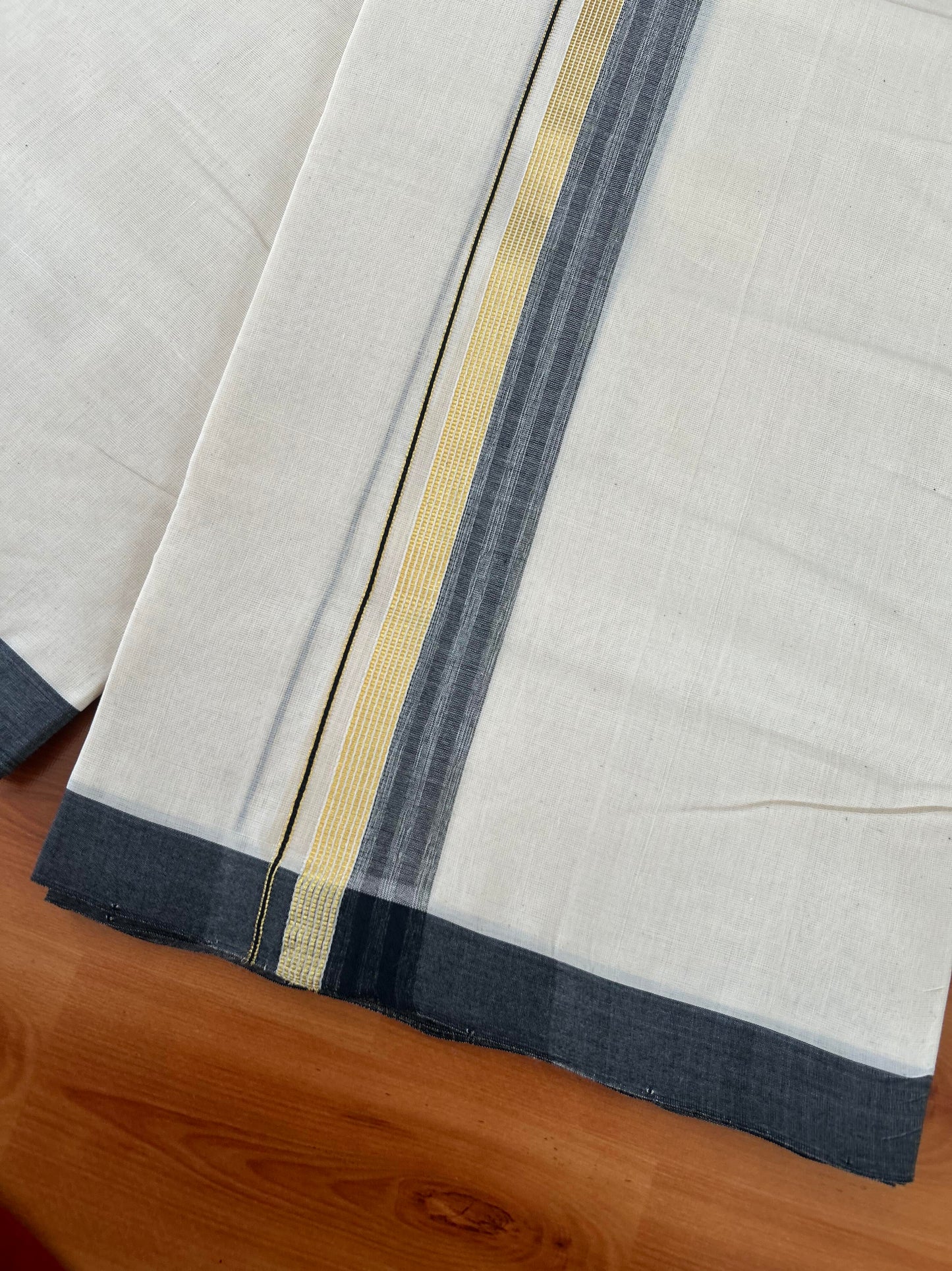 25% Discount! KaithariKada Handloom Millpaav - Kerala Handloom - Cotton Double Mundu/Dhoti Off white (Unbleached) - 80x90 - 1.5 inch Gold Kasav Black Shaded Stripes Kara 4.00 meter (8.5 Muzham) - 20 KK5386 RAM