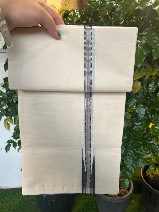 25% Discount ! KaithariKada Handloom Millpaav Balaramapuram - 100% Pure Cotton Off White Double - (Unbleached) Mundu/Dothi - 80X90 - 1 inch Puliyilakkara Silver Kasav & Black Stripes chutty Kara 4 mtr (8.5 Muzham) - 133 KK5236 RAM