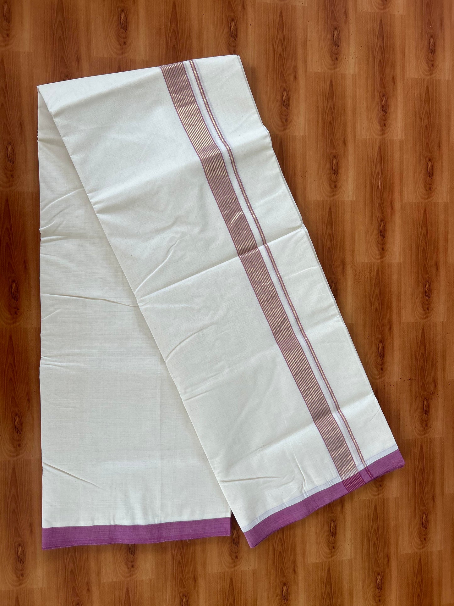 25% Discount! KaithariKada Handloom Millpaav - Kerala Handloom - Cotton Double Mundu/Dhoti Off white (Unbleached) - 80x90 - 1 inch Gold Kasav Dusty Wine Stripes Kara 4.00 meter (8.5 Muzham) - 19 KK5386 RAM