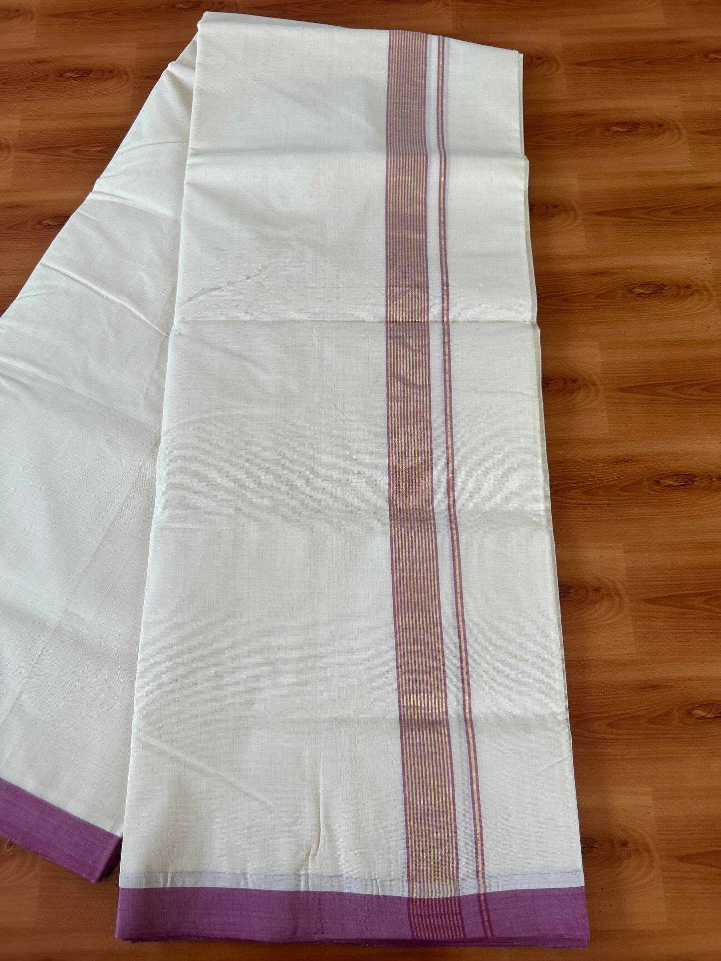 25% Discount! KaithariKada Handloom Millpaav - Kerala Handloom - Cotton Double Mundu/Dhoti Off white (Unbleached) - 80x90 - 1 inch Gold Kasav Dusty Wine Stripes Kara 4.00 meter (8.5 Muzham) - 19 KK5386 RAM