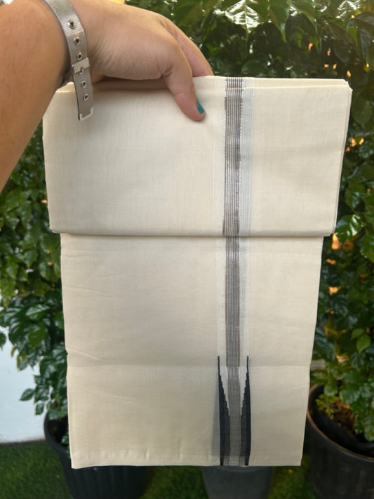 25% Discount ! KaithariKada Handloom Millpaav Balaramapuram - 100% Pure Cotton Off White Double - (Unbleached) Mundu/Dothi - 80X90 - 1 inch Puliyilakkara Silver Kasav & Black Stripes chutty Kara 4 mtr (8.5 Muzham) - 136 KK5236 RAM
