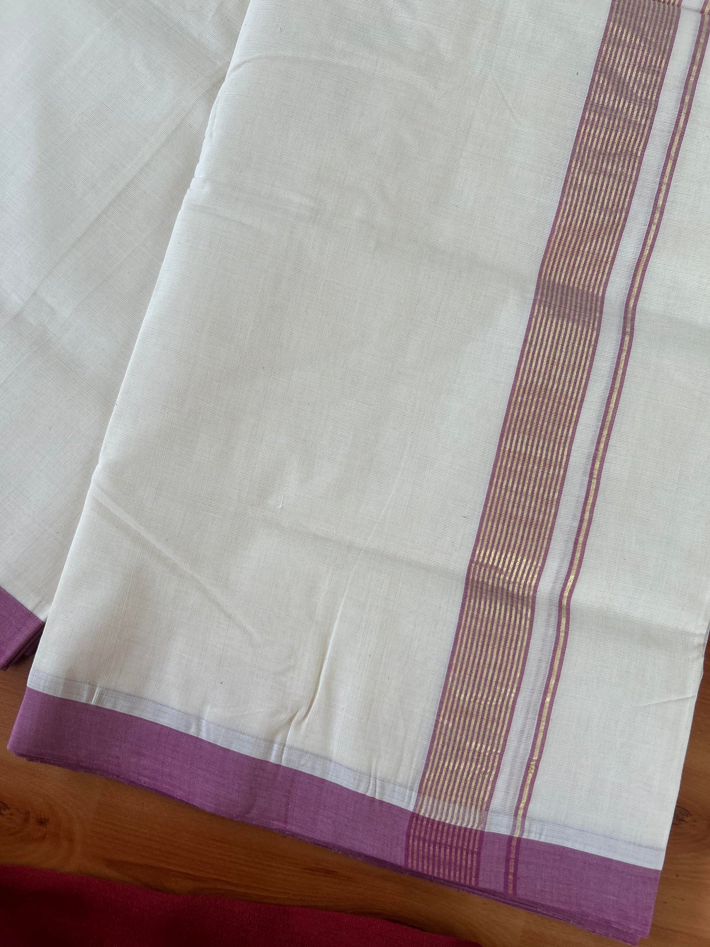 25% Discount! KaithariKada Handloom Millpaav - Kerala Handloom - Cotton Double Mundu/Dhoti Off white (Unbleached) - 80x90 - 1 inch Gold Kasav Dusty Wine Stripes Kara 4.00 meter (8.5 Muzham) - 19 KK5386 RAM