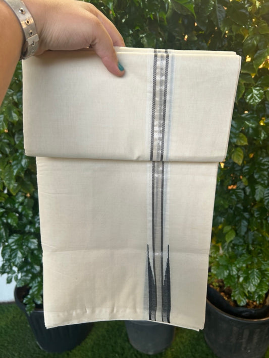 25% Discount ! KaithariKada Handloom Millpaav Balaramapuram - 100% Pure Cotton Off White Double - (Unbleached) Mundu/Dothi - 80X90 - 1 inch Puliyilakkara Silver Kasav & Black chutty Kara 4 mtr (8.5 Muzham) - 134 KK5236 RAM