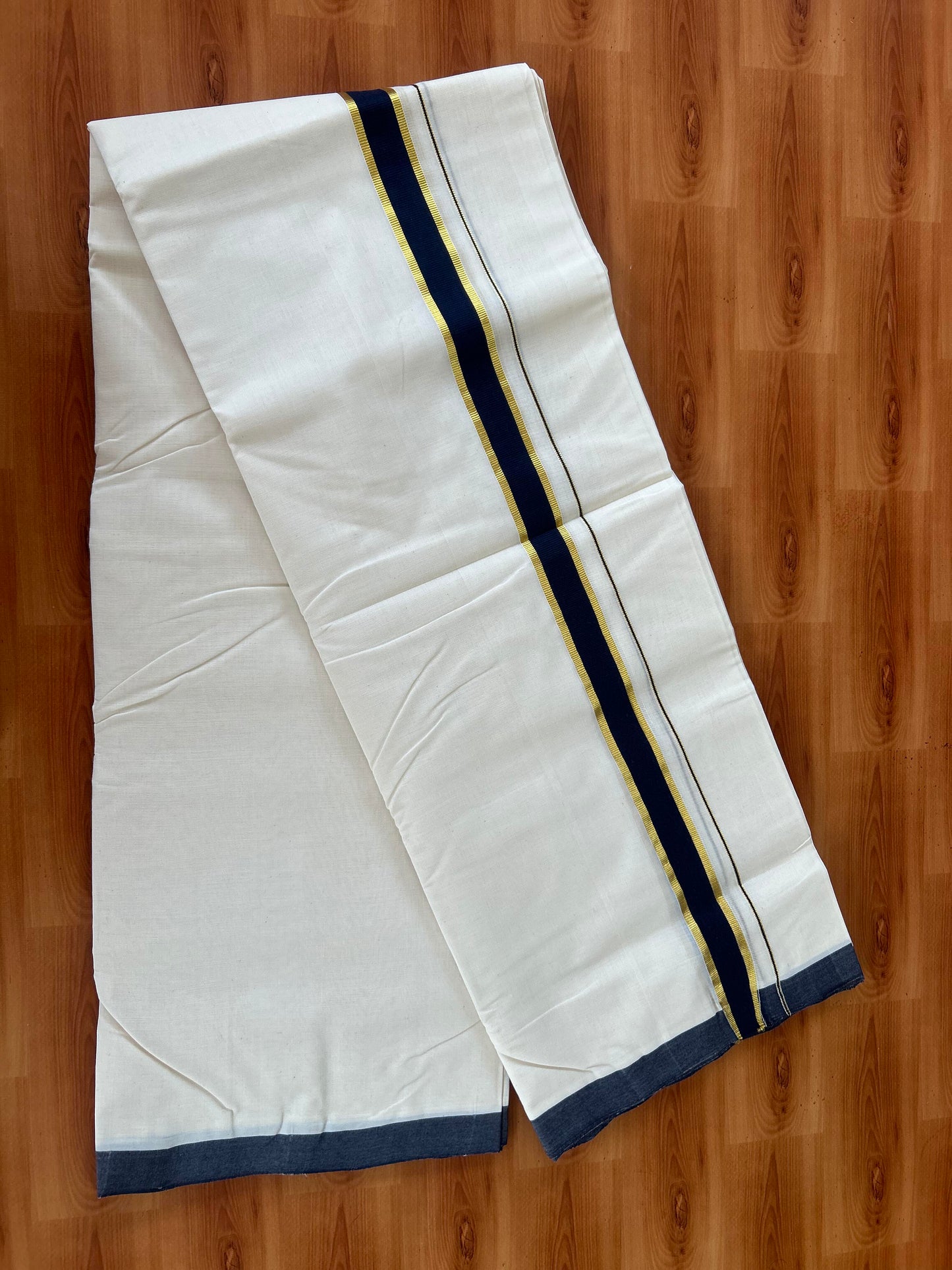 25% Discount! KaithariKada Handloom Millpaav - Kerala Handloom - Cotton Double Mundu/Dhoti Off white (Unbleached) - 80x90 - 1.25 inch Gold Kasav Navy Blue Kara 4.00 meter (8.5 Muzham) - 15 KK5386 RAM
