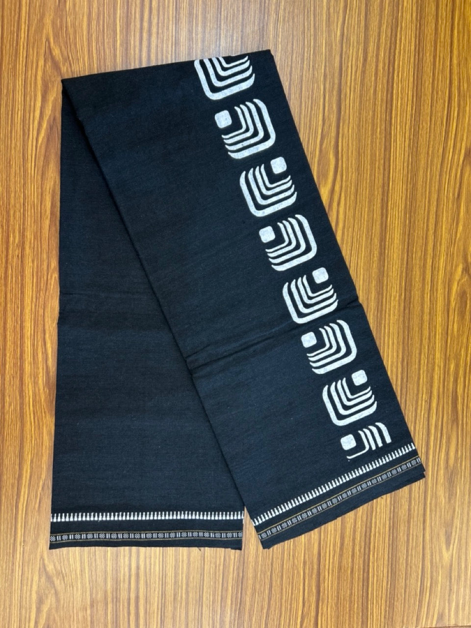 Kaitharikada - Polyster + Cotton - 20s twisted - Single Kaily / Lungi - 2.5 inch White Printed Kuppadam Border with Black colour body (2 meter / 4 muzham) -  75 KK8035 GAN