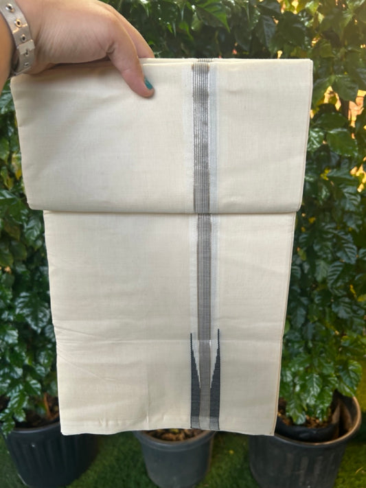 25% Discount ! KaithariKada Handloom Millpaav Balaramapuram - 100% Pure Cotton Off White Double - (Unbleached) Mundu/Dothi - 80X90 - 1 inch Puliyilakkara Silver Kasav & Black Stripes chutty Kara 4 mtr (8.5 Muzham) - 135 KK5236 RAM