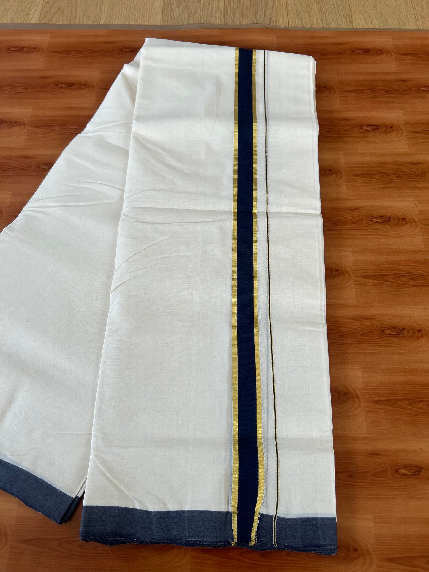25% Discount! KaithariKada Handloom Millpaav - Kerala Handloom - Cotton Double Mundu/Dhoti Off white (Unbleached) - 80x90 - 1.25 inch Gold Kasav Navy Blue Kara 4.00 meter (8.5 Muzham) - 15 KK5386 RAM