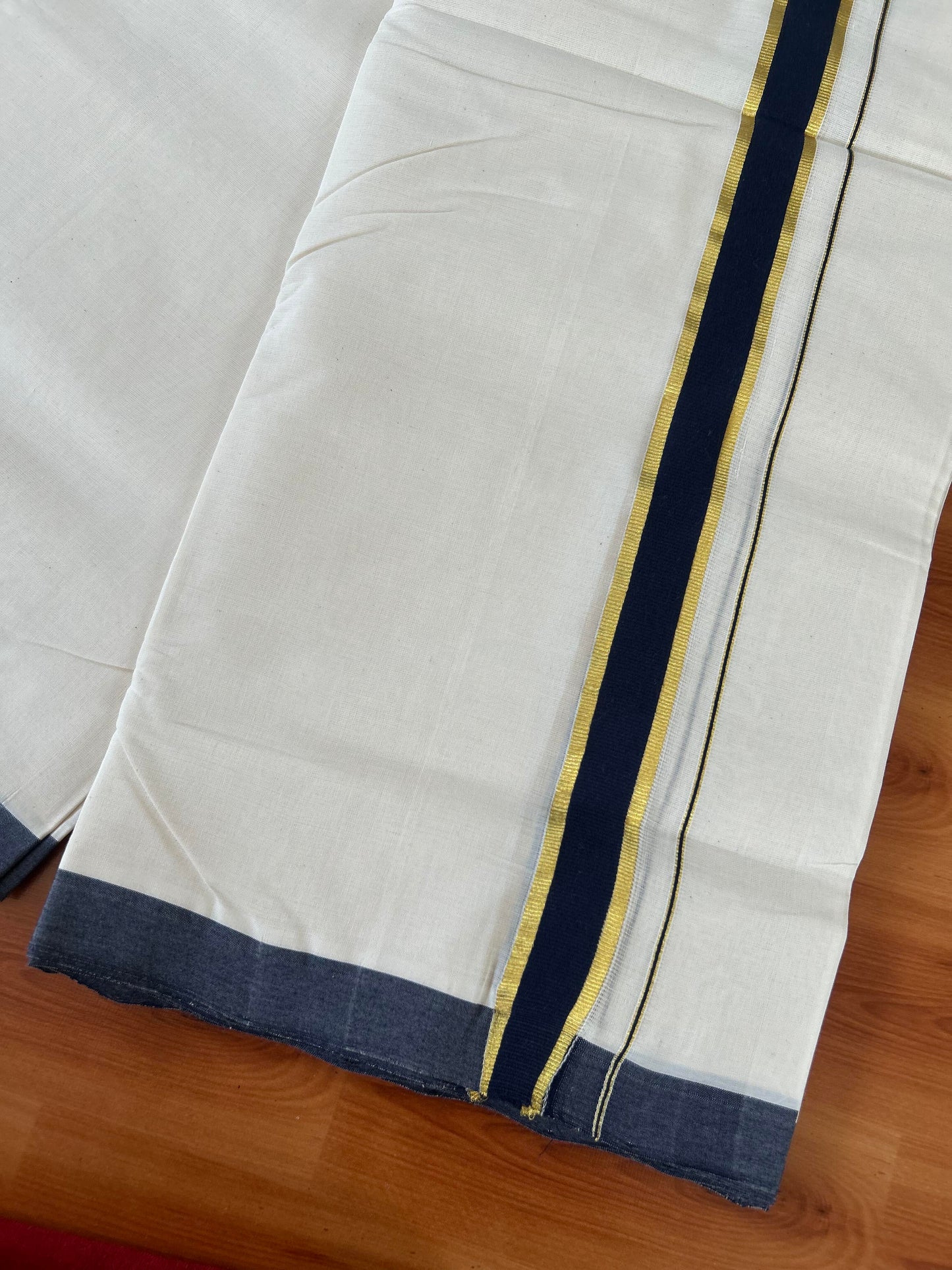 25% Discount! KaithariKada Handloom Millpaav - Kerala Handloom - Cotton Double Mundu/Dhoti Off white (Unbleached) - 80x90 - 1.25 inch Gold Kasav Navy Blue Kara 4.00 meter (8.5 Muzham) - 15 KK5386 RAM