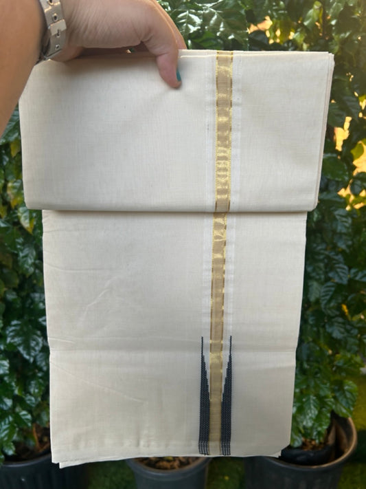 25% Discount ! KaithariKada Handloom Millpaav Balaramapuram - 100% Pure Cotton Off White Double - (Unbleached) Mundu/Dothi - 80X90 - 1 inch Puliyilakkara Gold Kasav & Black chutty Kara 4 mtr (8.5 Muzham) - 129 KK5236 RAM