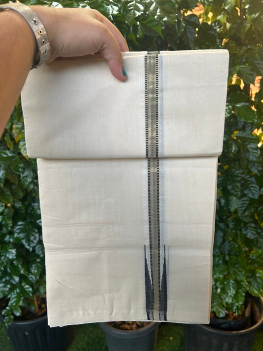 25% Discount ! KaithariKada Handloom Millpaav Balaramapuram - 100% Pure Cotton Off White Double - (Unbleached) Mundu/Dothi - 80X90 - 1 inch Puliyilakkara Gold Kasav & Black Stripes chutty Kara 4 mtr (8.5 Muzham) - 131 KK5236 RAM