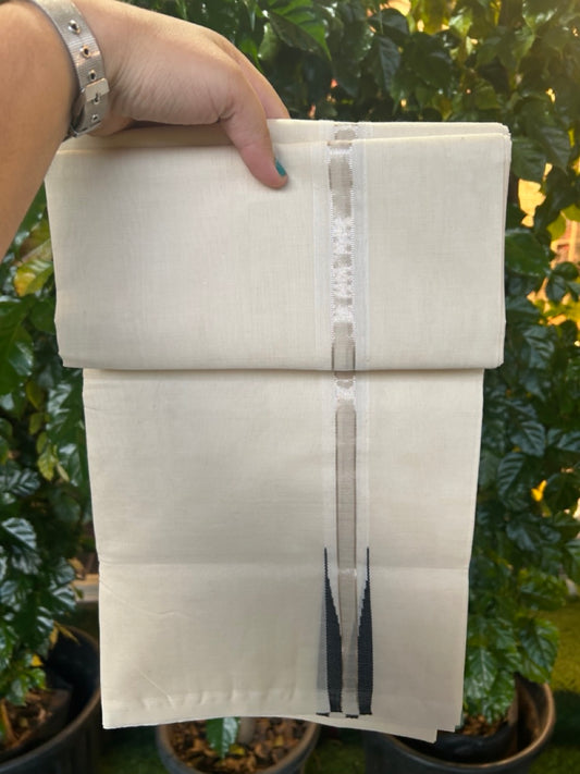 25% Discount ! KaithariKada Handloom Millpaav Balaramapuram - 100% Pure Cotton Off White Double - (Unbleached) Mundu/Dothi - 80X90 - 1 inch Puliyilakkara Silver Kasavu & Black chutty Kara 4 mtr (8.5 Muzham) - 125 KK5236 RAM