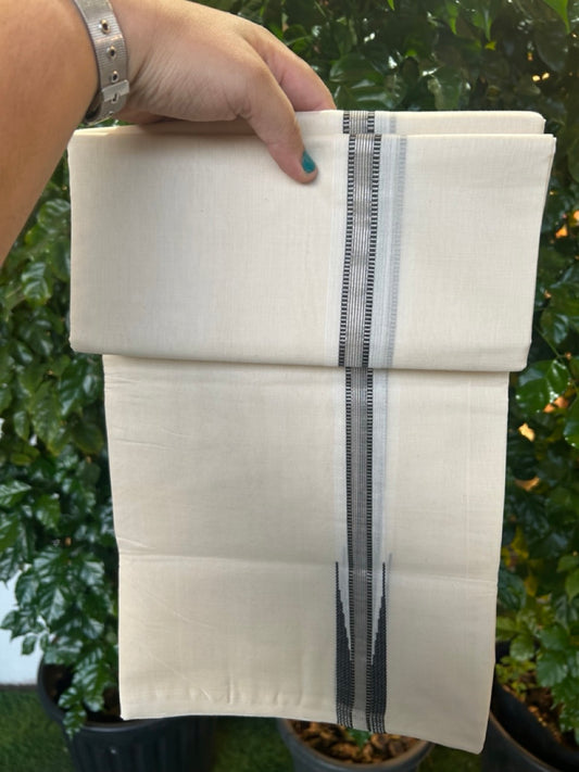 25% Discount ! KaithariKada Handloom Millpaav Balaramapuram - 100% Pure Cotton Off White Double - (Unbleached) Mundu/Dothi - 80X90 - 1 inch Puliyilakkara Silver Kasav & Black Stripes chutty Kara 4 mtr (8.5 Muzham) - 132 KK5236 RAM