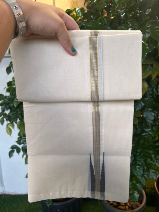 25% Discount ! KaithariKada Handloom Millpaav Balaramapuram - 100% Pure Cotton Off White Double - (Unbleached) Mundu/Dothi - 80X90 - 1.25 inch Puliyilakkara Black & Gold Kasavu Stripes chutty Kara 4 mtr (8.5 Muzham) - 122 KK5236 RAM