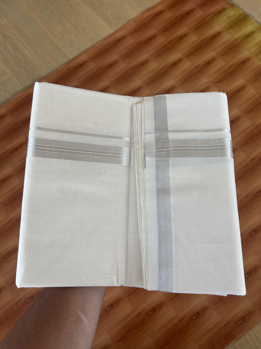 25% Discount ! KaithariKada Handloom Millpaav - Kerala Handloom - 100% Pure Cotton Off White (Unbleached) Double Mundu/Dhoti - 80x90 - 1 inch Silver Kasav striped Kara 4 Meters (8.5 Muzham) - 42 KK5386 RAM
