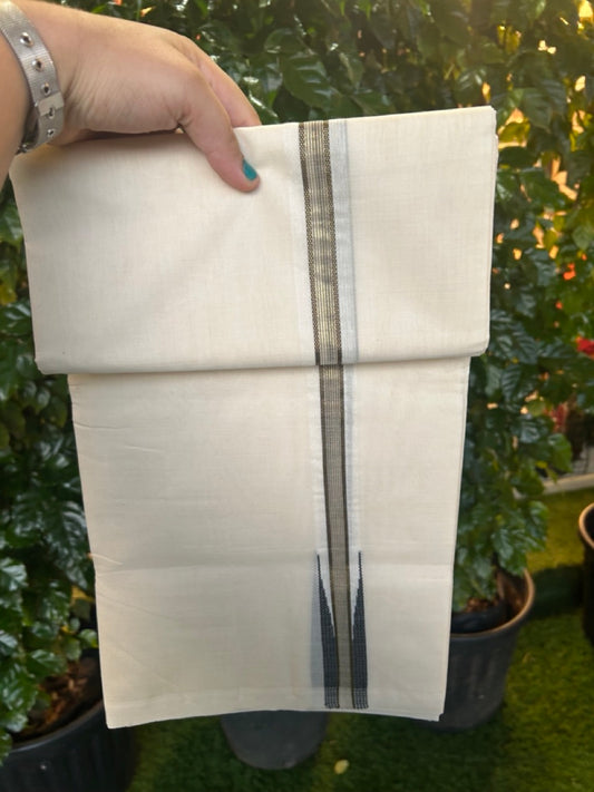 25% Discount ! KaithariKada Handloom Millpaav Balaramapuram - 100% Pure Cotton Off White Double - (Unbleached) Mundu/Dothi - 80X90 - 1.25 inch Puliyilakkara Black & Gold Kasavu Stripes chutty Kara 4 mtr (8.5 Muzham) - 120 KK5236 RAM