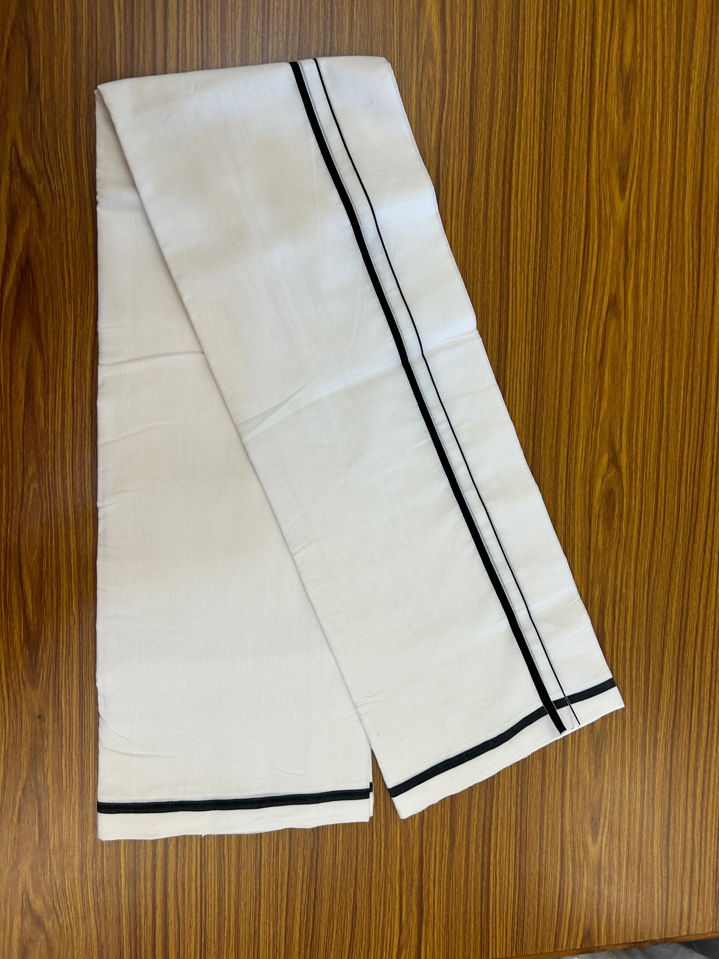 25% Discount!! New Ultra Pure White Thread Handloom - Kerala Handloom - 100% Mercerised Cotton Double Mundu/Dhoti - 120 twisted warp x 80s weft - 1 cm Black Thin Kara 3.80 mtr (8 Muzham) - 76 KK5371 REA