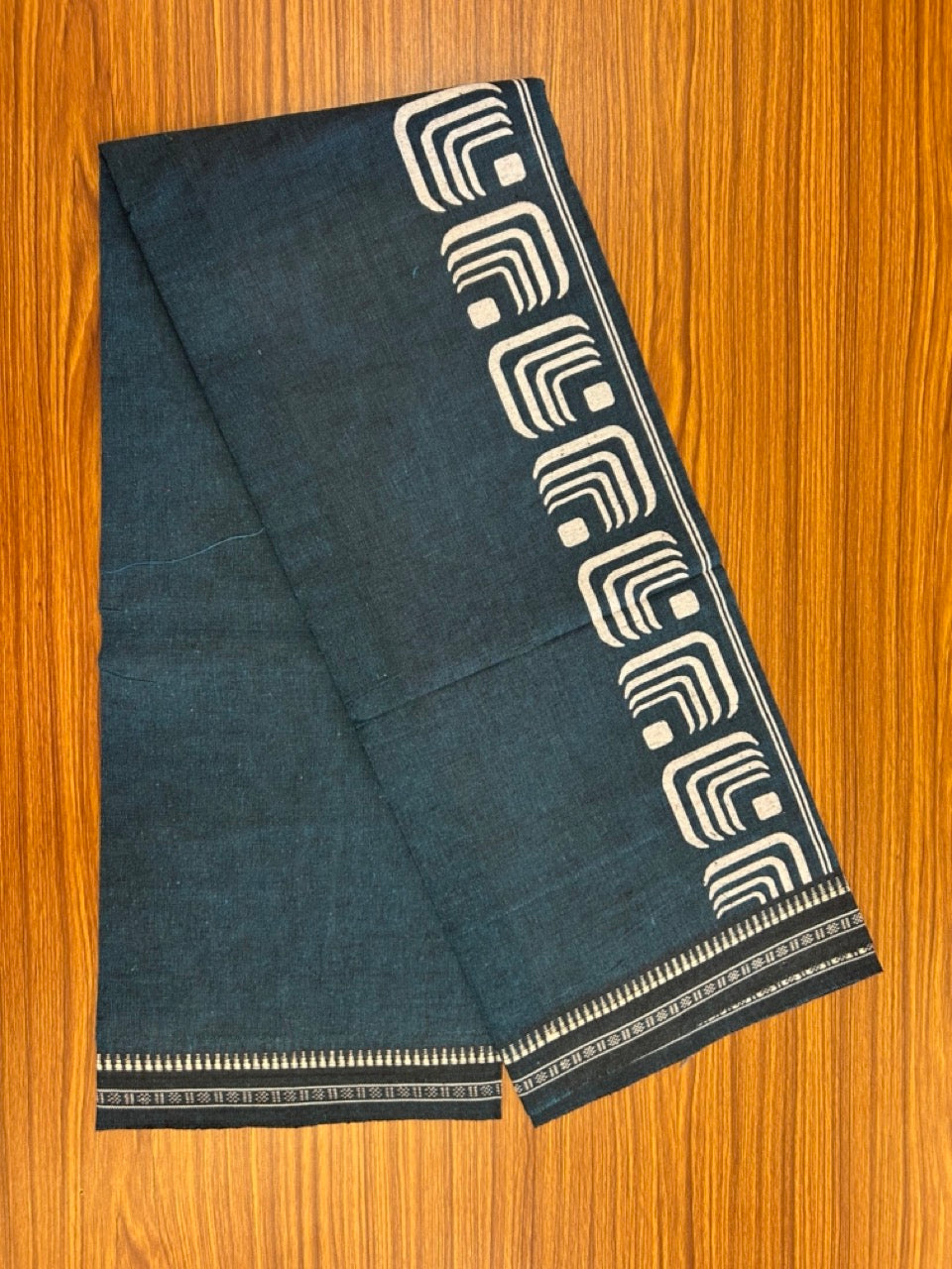 Kaitharikada - Polyster + Cotton - 20s twisted - Single Kaily / Lungi - 2.5 inch White Printed Kuppadam Border with Peacock Blue & Black shaded colour body (2 meter / 4 muzham) -  76 KK8035 GAN