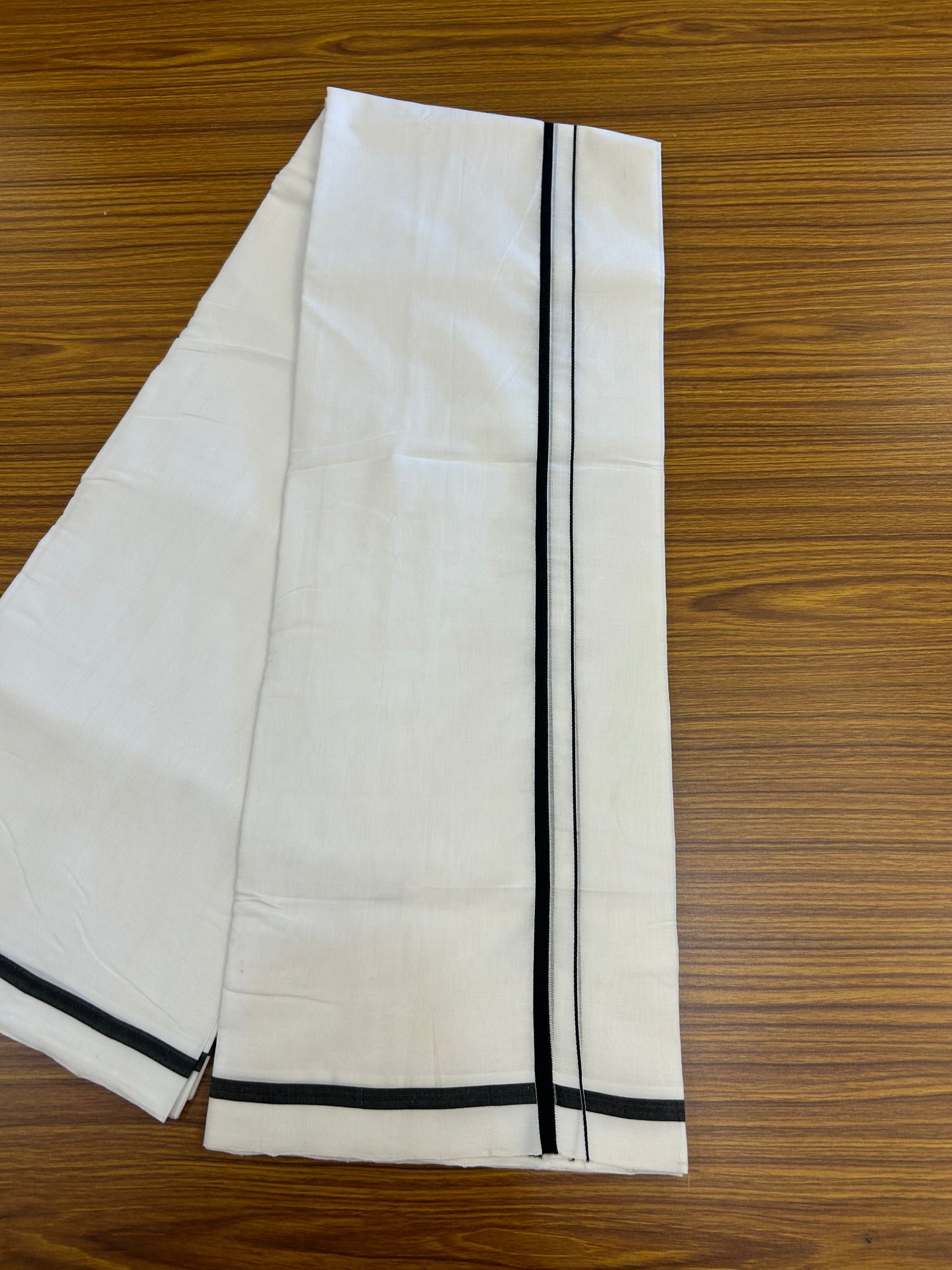 25% Discount!! New Ultra Pure White Thread Handloom - Kerala Handloom - 100% Mercerised Cotton Double Mundu/Dhoti - 120 twisted warp x 80s weft - 1 cm Black Thin Kara 3.80 mtr (8 Muzham) - 76 KK5371 REA