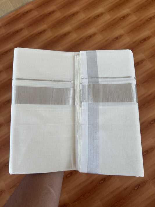 25% Discount ! KaithariKada Handloom Millpaav - Kerala Handloom - 100% Pure Cotton Off White (Unbleached) Double Mundu/Dhoti - 80x90 - 1.5 inch Silver Kasav Kara 4 Meters (8.5 Muzham) - 41 KK5386 RAM