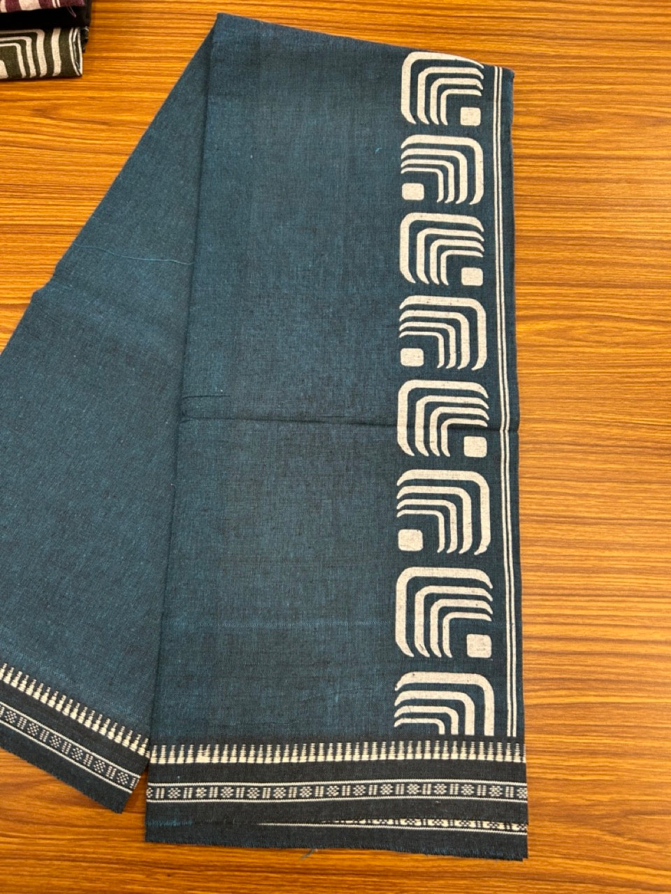 Kaitharikada - Polyster + Cotton - 20s twisted - Single Kaily / Lungi - 2.5 inch White Printed Kuppadam Border with Peacock Blue & Black shaded colour body (2 meter / 4 muzham) -  76 KK8035 GAN