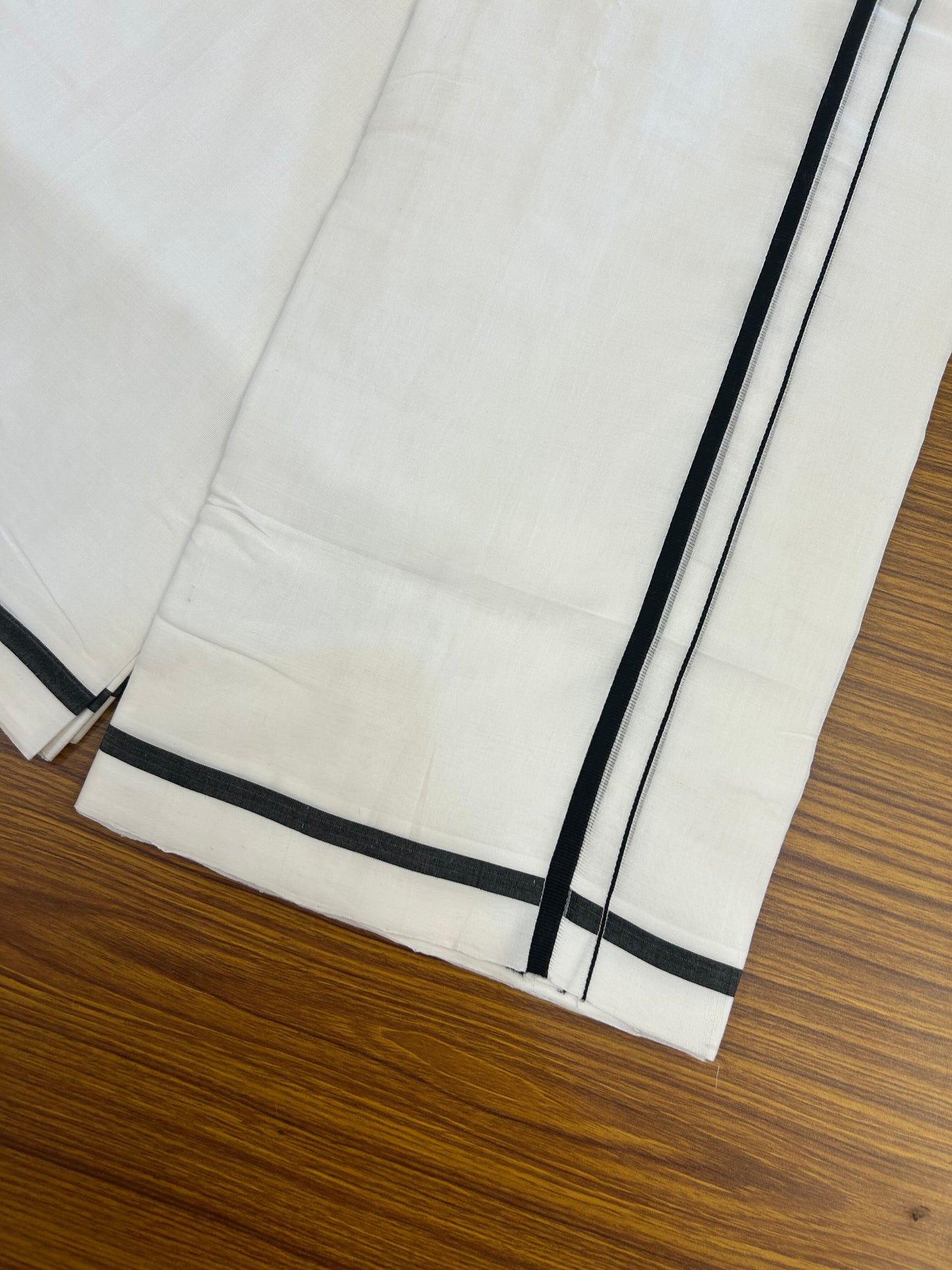 25% Discount!! New Ultra Pure White Thread Handloom - Kerala Handloom - 100% Mercerised Cotton Double Mundu/Dhoti - 120 twisted warp x 80s weft - 1 cm Black Thin Kara 3.80 mtr (8 Muzham) - 76 KK5371 REA