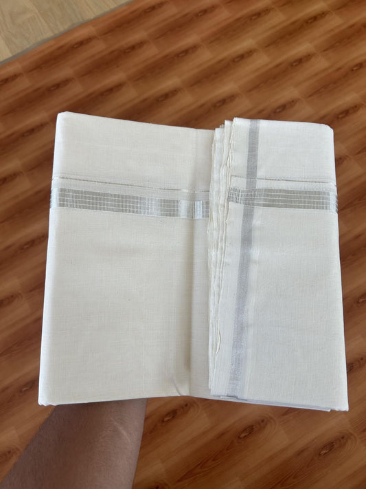 25% Discount ! KaithariKada Handloom Millpaav - Kerala Handloom - 100% Pure Cotton Off White (Unbleached) Double Mundu/Dhoti - 80x90 - 0.75 inch Silver Kasav striped Kara 4 Meters (8.5 Muzham) - 45 KK5386 RAM