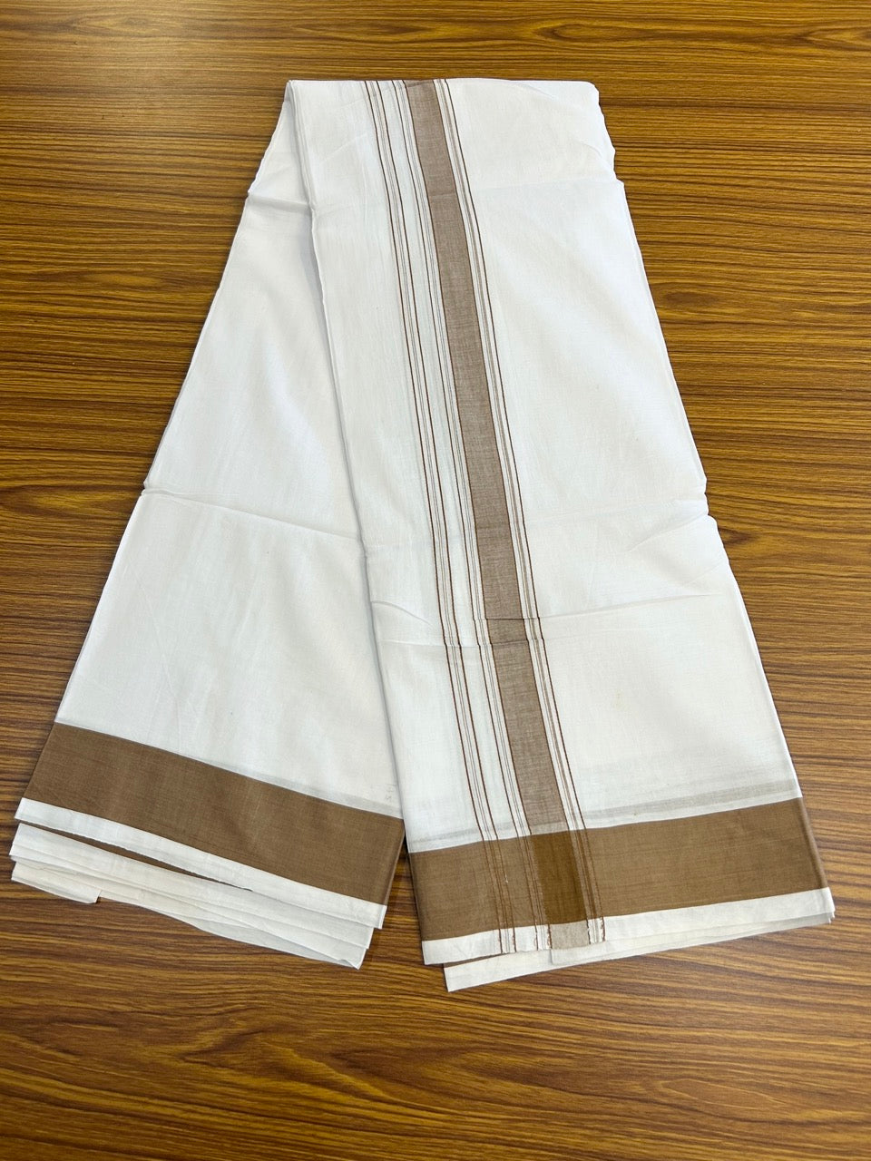 20% Discount! KaithariKada 100% Pure Cotton Pure White - 100x80 thread - NORTH INDIAN - ATTACHED GAMCHA 9x5 Dhoti - 1.75 inch Brown shaded striped kara - 8 KK5275 PMC