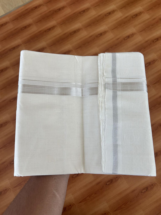 25% Discount ! KaithariKada Handloom Millpaav - Kerala Handloom - 100% Pure Cotton Off White (Unbleached) Double Mundu/Dhoti - 80x90 - 0.75 inch Silver Kasav striped Kara 4 Meters (8.5 Muzham) - 44 KK5386 RAM