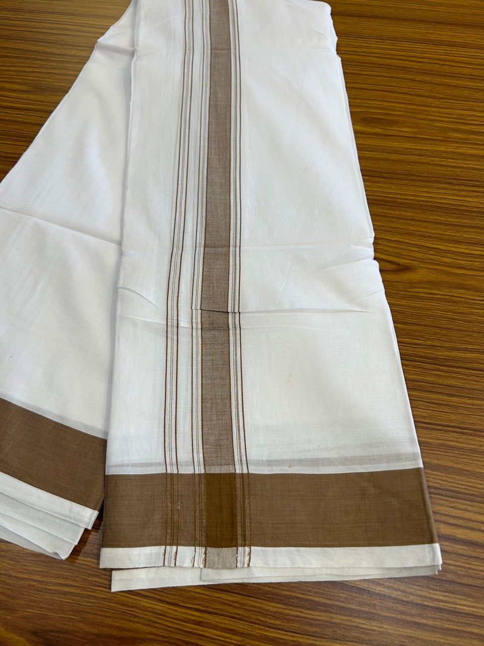 20% Discount! KaithariKada 100% Pure Cotton Pure White - 100x80 thread - NORTH INDIAN - ATTACHED GAMCHA 9x5 Dhoti - 1.75 inch Brown shaded striped kara - 8 KK5275 PMC