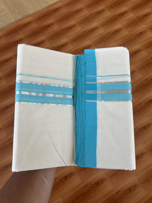 25% Discount ! KaithariKada Handloom Millpaav - Kerala Handloom - 100% Pure Cotton Off White (Unbleached) Double Mundu/Dhoti - 80x90 - 1.75 inch Silver Kasav & Deep Sky Blue Shaded Striped Kara 4 Meters (8.5 Muzham) - 36 KK5386 RAM