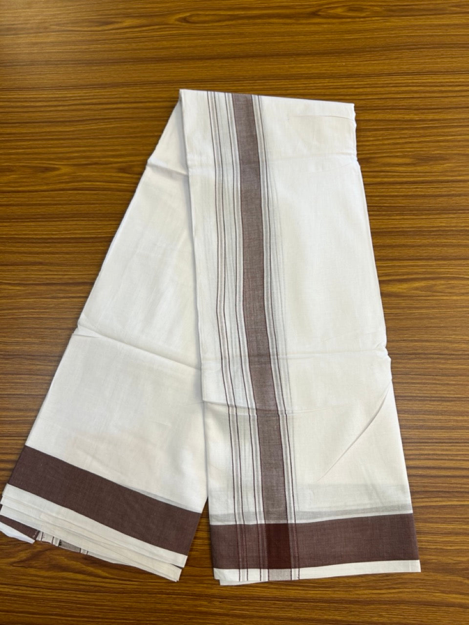 20% Discount! KaithariKada 100% Pure Cotton Pure White - 100x80 thread - NORTH INDIAN - ATTACHED GAMCHA 9x5 Dhoti - 1.75 inch Dark Brown shaded striped kara - 9 KK5275 PMC