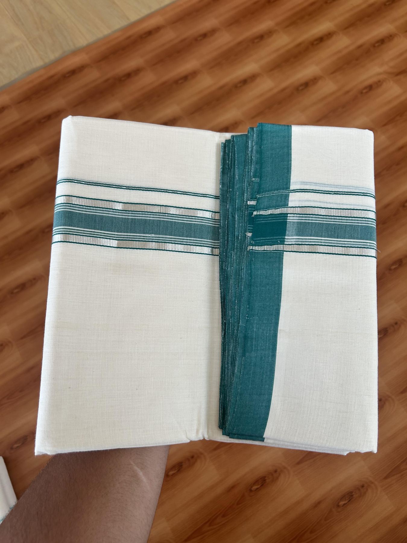 25% Discount ! KaithariKada Handloom Millpaav - Kerala Handloom - 100% Pure Cotton Off White (Unbleached) Double Mundu/Dhoti - 80x90 - 1.5 inch Silver Kasav & Teal Green Shaded Striped Kara 4 Meters (8.5 Muzham) - 37 KK5386 RAM