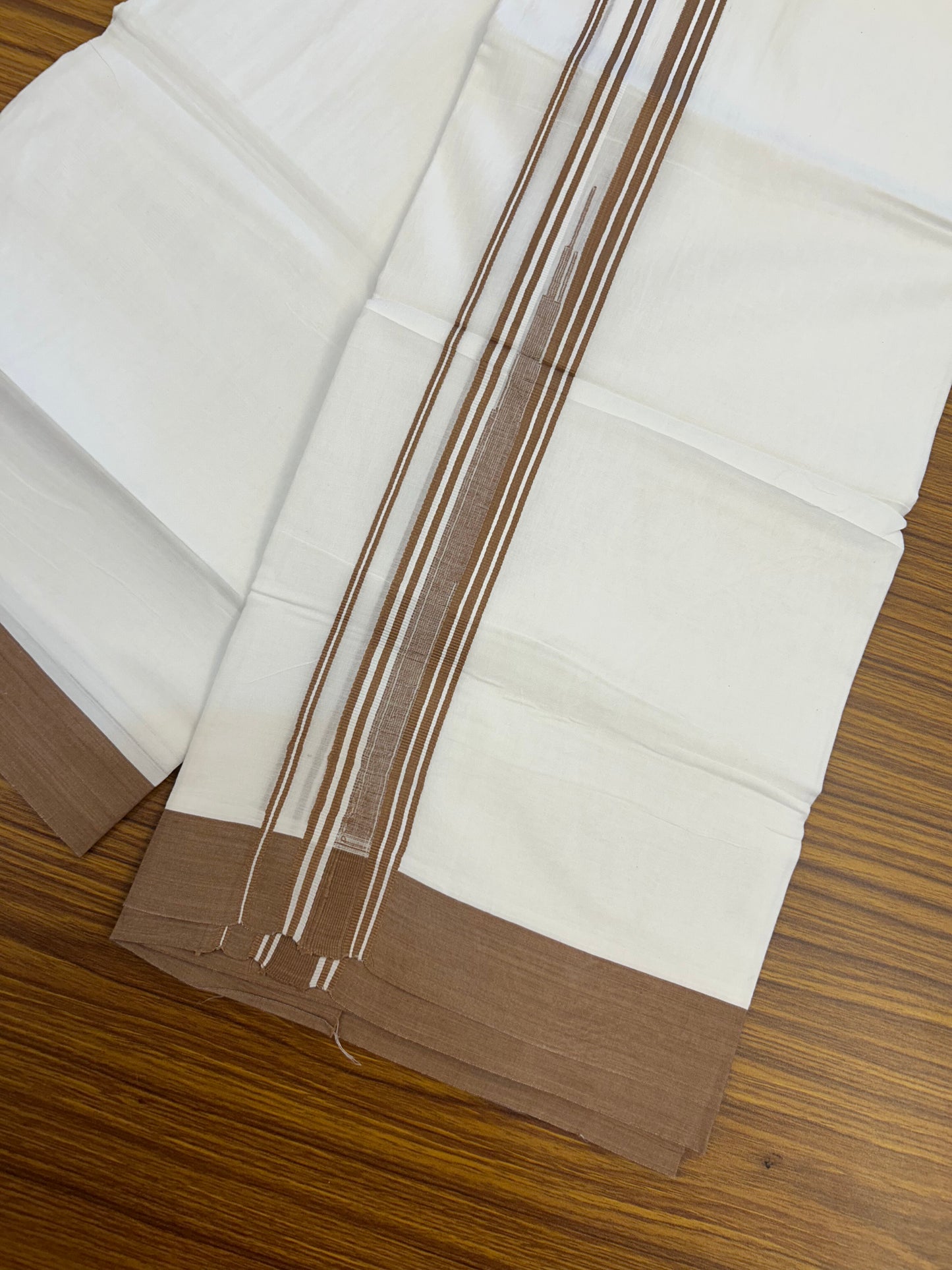 20% Discount ! Kaitharikada Balaramapuram 100% Pure Cotton Double Pure White Mundu/Dhoti - 100x80 - 1.25 inch Brown shaded striped Temple chutty 3.90 mtr (8.5 muzham) - 43 KK5371 PMC