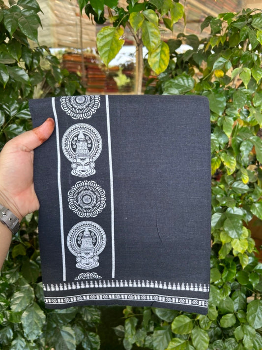 Kaitharikada - Polyster + Cotton - 20s twisted - Single Kaily / Lungi - 2.75 inch White Kadhakali Printed Kuppadam Border with Dark Navy Blue colour body (2 meter / 4 muzham) -  62 KK8035 GAN