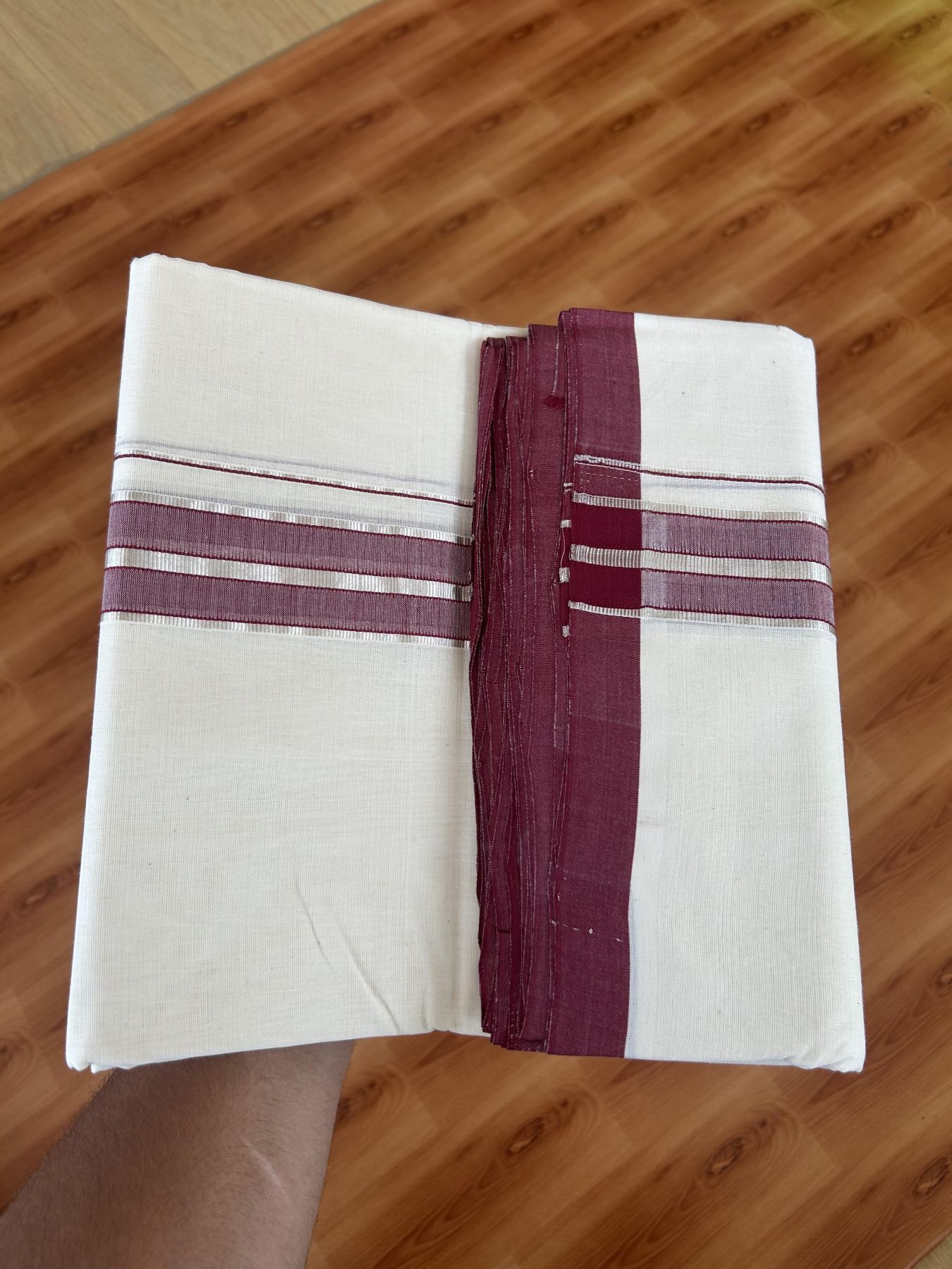 25% Discount ! KaithariKada Handloom Millpaav - Kerala Handloom - 100% Pure Cotton Off White (Unbleached) Double Mundu/Dhoti - 80x90 - 1.5 inch Silver Kasav & Maroon Shaded Striped Kara 4 Meters (8.5 Muzham) - 35 KK5386 RAM