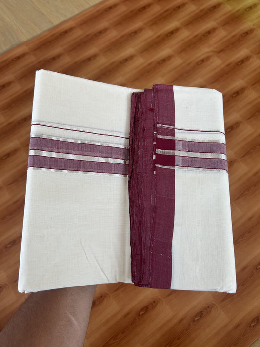 25% Discount ! KaithariKada Handloom Millpaav - Kerala Handloom - 100% Pure Cotton Off White (Unbleached) Double Mundu/Dhoti - 80x90 - 1.5 inch Silver Kasav & Maroon Shaded Striped Kara 4 Meters (8.5 Muzham) - 35 KK5386 RAM