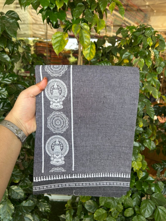Kaitharikada - Polyster + Cotton - 20s twisted - Single Kaily / Lungi - 2.75 inch White Kadhakali Printed Kuppadam Border with Light Grey colour body (2 meter / 4 muzham) -  68 KK8035 GAN