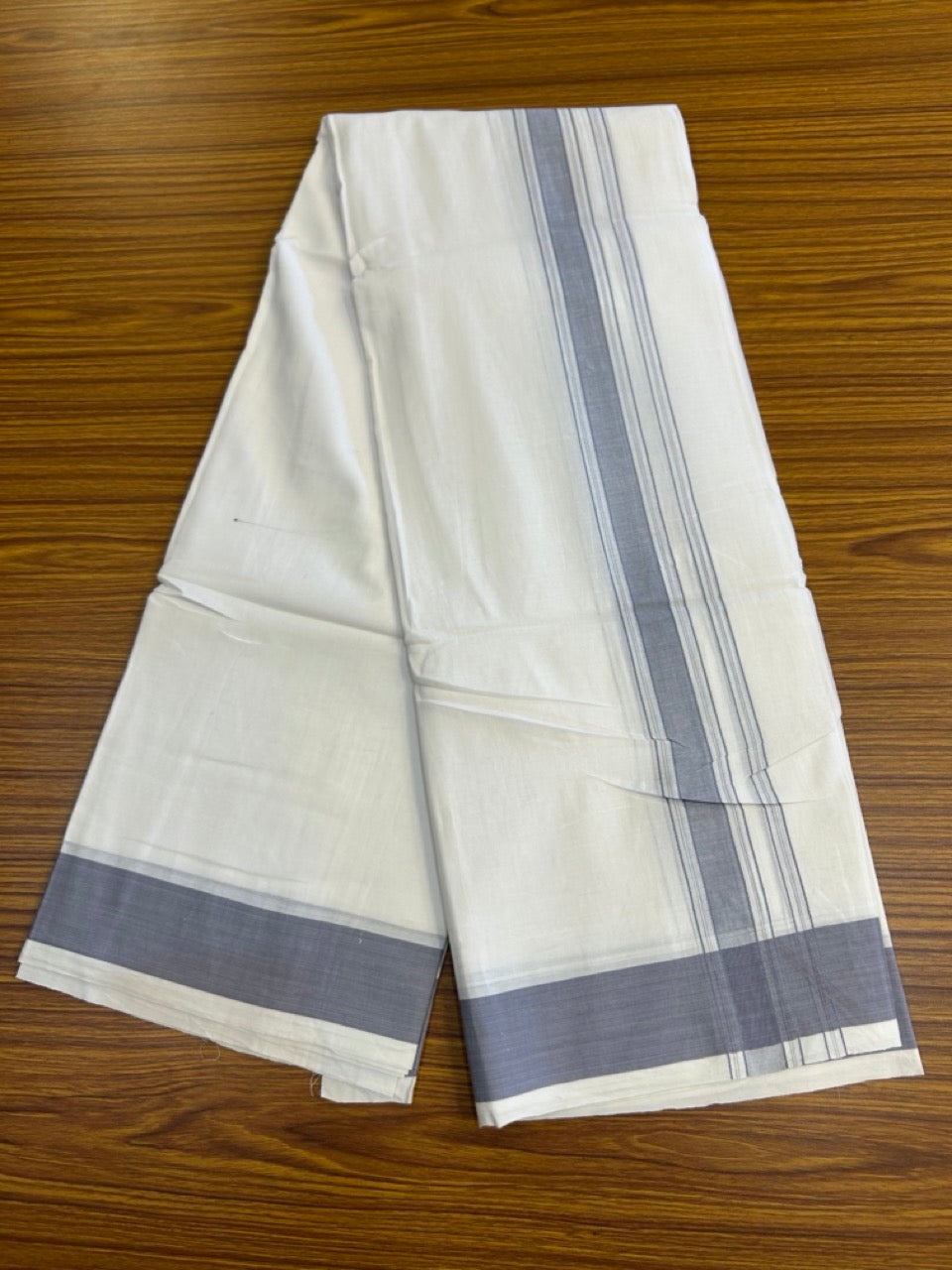 20% Discount! KaithariKada 100% Pure Cotton Pure White - 100x80 thread - NORTH INDIAN - ATTACHED GAMCHA 9x5 Dhoti - 1.75 inch Lavender Blue shaded striped kara - 7 KK5275 PMC