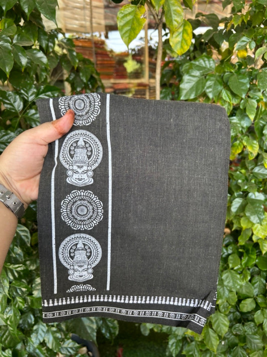 Kaitharikada - Polyster + Cotton - 20s twisted - Single Kaily / Lungi - 2.75 inch White Kadhakali Printed Kuppadam Border with Dark Olive Green & Black shaded colour body (2 meter / 4 muzham) -  65 KK8035 GAN